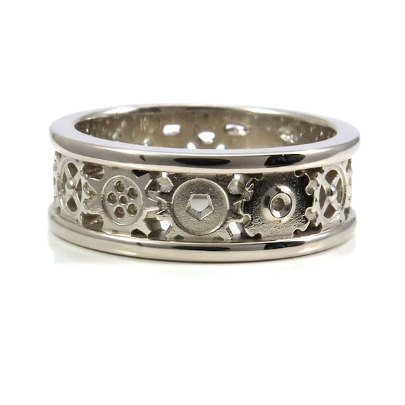 Steampunk Gold Gear Ring - Mens Palladium White Gold Wedding Band