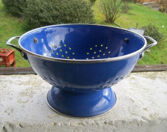 French Enamel Colander, Vintage Blue Enamel Strainer