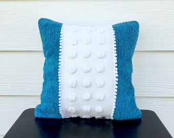 Blue chenille pillow cover, PEARLS AND POPS, aqua cushion cover, vintage chenille pillow cottage chic
