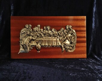 Antique Mahogany And Metal Last Supper Bas Relief