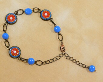Micro mosaic bracelet - red daisy