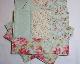 Pink and Blue Quilted Mug Mat. Roses Mug Rug. Shabby Chic. Cottage Chic. Feminine Style.