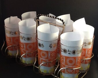 MidCentury Modern Retro Set of 8 Drinking Glasses in Caddy ~ Orange Gold Yellow Design