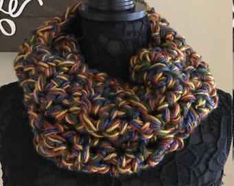 Crochet Chunky Cowl Infinity Scarf Olive Green, blue, gold, brown - Handmade Crochet - S16