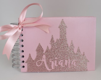 Disney Autograph Book Rose Gold Glitter Disney Princess Castle Personalized Shimmer Pink Signature Book Disney World Disneyland