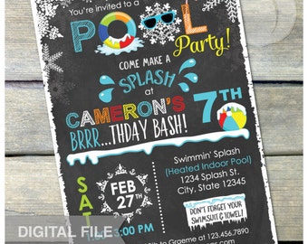 Winter Pool Birthday Party Chalkboard Invitation Snow Indoor Pool Party - Blue - DIGITAL Printable Invite - 5” x 7”