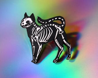 Cat Skeleton Pin, black and white, laser cut acrylic