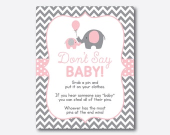 Instant Download, Elephant Don't Say Baby, Diaper Pin Clothes, Elephant Baby Shower Pin Game, Pink Gray Chevron, Little Peanut, Girl(SBS.36)