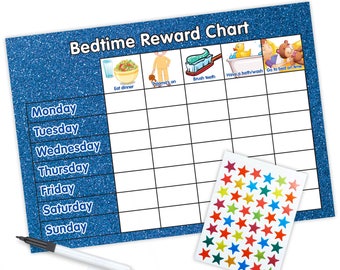 Re-usable Bedtime Reward Chart (including FREE Stickers and Pen) - Blue Glitter Design