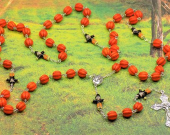 Harvest Pumpkin Rosary - Orange Magnesite Pumpkin Beads - Scarecrow Ceramic Beads - Mary & Child Center - Grapes and Vine Crucifix