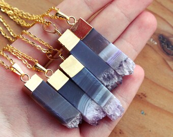 Gold Dipped Amethyst Pillar Crystal Necklace - Rough Clear Purple Spike Square Natural Raw Druzy Pendant Gold Plated Chain, Natural Layering