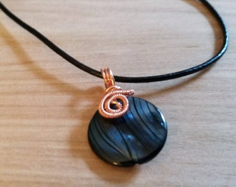 Minimalist blue striped shell, copper accented bead pendant