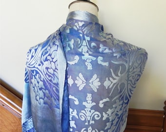 Hand dyed Devore satin shawl in blue and lilac purple art nouveau shawl silk satin scarf shawl #505 is ready to ship
