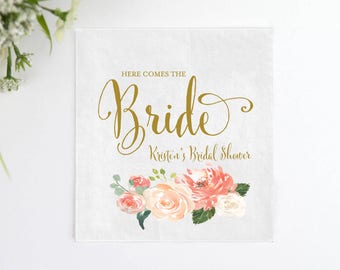 Here Comes the Bride Bridal Shower Napkins | Bridal Shower | Personalized Napkins | Engagement Party Napkins | Peach and Cream
