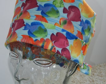 Tie Back Surgical Scrub Hat with Colorful Tropical Fish