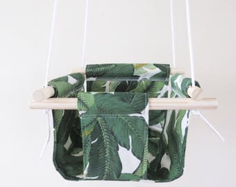 Green Leaves Fabric Baby and Toddler Swing - Green Exterior Fabric and Wood Swing - Outdoor Leaves Fabric Water Repellent