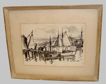 Emile Gruppe Fisherman's Wharf Gloucester Harbor Pencil Drawing
