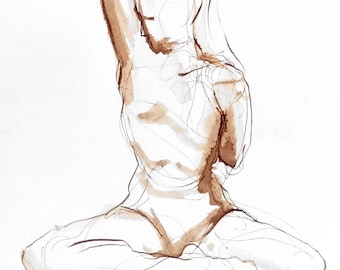 Tricep Stretch Yoga Drawing, Walnut Ink on Paper, Yoga Wall Art, Line Figure Drawing, Yoga Art, Gift for Yogi, Yoga Teacher Gift, Yoga Decor