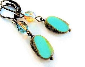 Green Earrings Glass Jewelry Boho Earrings Green Jewelry Long Earrings Bead Jewelry Gypsy Earrings Rustic Jewelry Dangle Earrings Gift Idea