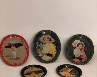 Coke Tip Trays and Coasters; Set of 3 Tip Trays and 2 Coasters; Coca-Cola Collectible Tin Trays; Coke Metal Mini Trays;