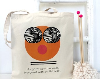 Saw The Wool, Wanted The Wool | Personalised Knitting Project Bag | Personalised Knitters Gift | Knitting Accessories | Emoji