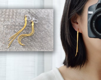 Clip on earrings, pendant earrings, Long chain tassel earrings Non-Pierced Ears