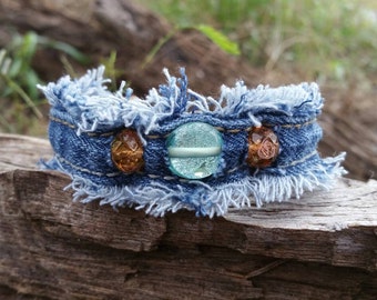 Frayed Denim Cuff Bracelet with Glass Beads