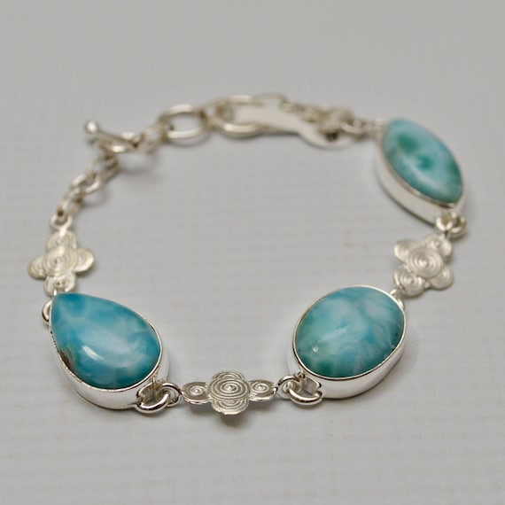 Sterling Silver Three Stone Larimar with Design Bracelet #7152