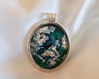 Teal and Silver Dichroic Glass Pendant