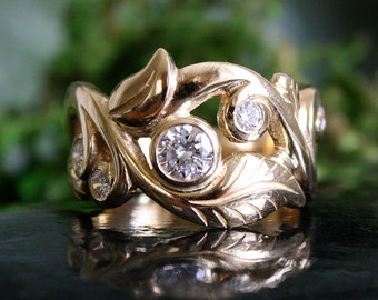 Leaf Ring,Multi Diamond Ring, Engagement Ring, 14k Gold, .76 Carats Total Diamond Weight, Bezel Set, Gypsy Set, Handmade