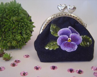 Gift for her. Coin purse. Metal frame purse. Kisslock coin purse. Denim purse. Hand painted.
