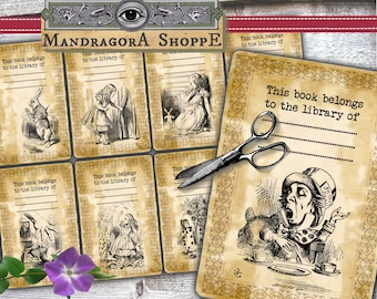 Alice bookplates 8x Wonderland library cards for book lovers ex libris instant download printable digital collage sheet book plate cards