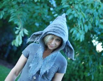 Felted hoodie with goblin ears, Yoda hat
