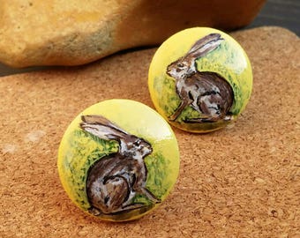 Hare earrings, bunny earrings, rabbit earrings, animal jewelry, easter bunny, hand painted earrings, wooden earrings, stud earrings, hare