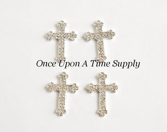 Vintage Inspired Cross Metal Rhinestone Buttons - Petite Silver Setting Tone Rhinestones - Baptism or Christening Craft Embellishment