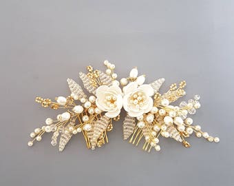 Gold Bridal hair comb, Gold Bridal headpiece, Bridal hair piece, Wedding hair piece, Wedding hair comb, Wedding headpiece, Pearl headpiece