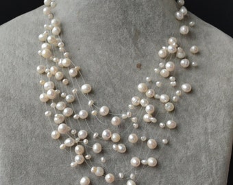 Floating Necklace, Illusion Necklace, Pearl Necklace , ivory pearl necklace. Multistrand Necklace, real pearl necklace, wedding necklace