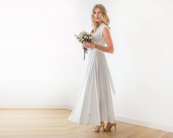 Ivory wrap wedding gown, Maxi ivory dress with wide skirt , Minimal wedding dress 1058