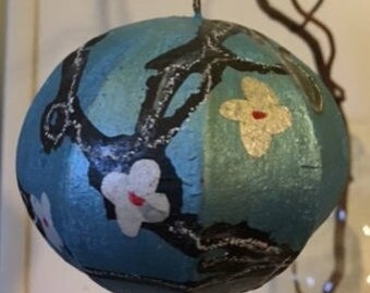 SALE! Two Dollars Off Original Price: Hand painted 5 inch paper mache tree ornament.