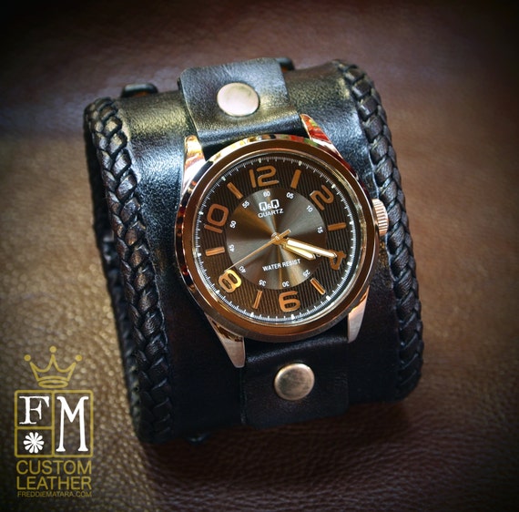 Leather cuff watch Black vintage style wide bracelet Best quality Made for YOU in USA by Freddie Matara!