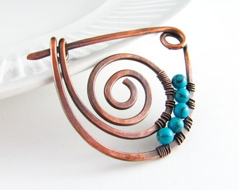 Shawl Pin Copper Wire Turquoise Scarf or Sweater Pin Fibula Wire Wrapped Jewelry Hammered Copper Brooch