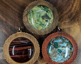 Square Vortex 30mm Gemstone Hardwood Pendant - Crystal Gem Custom Sacred Geometry Laser Cut Natural Wood Wooden Cabochon