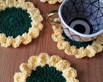 Sunflower Coaster Set / Sunflower Decor / Crochet Coasters / Sunflower Coasters / Crochet Sunflower Coasters / Flower Coasters / Set of 4