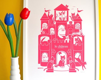 Le Château A2 Screen Print, Cats Screenprint, Cat Artwork, Cat Poster, Cute Cats Print, Pink Cat Print, French Print, Fun Animal Screenprint