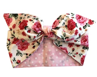 50s Vintage Pink Rose Polka Dot Head Scarf Tie