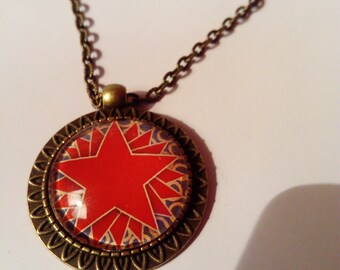 Long bronze chain necklace ethnic cabochon wax stars red blue