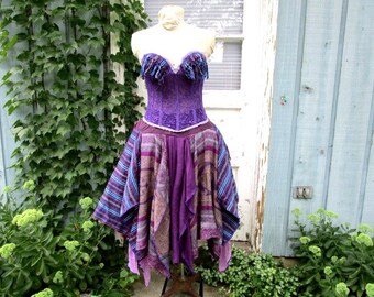 S-M Purple Bohemian Gypsy Reconstructed Bustier Dress// Strapless// emmevielle