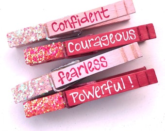 WOMAN POWER hand painted magnetic clothespin set pink confident courageous fearless powerful time's up! glitter feminist