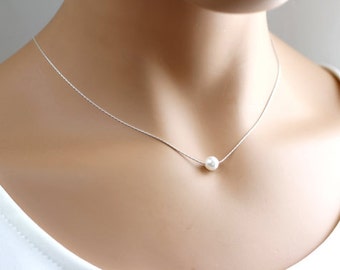 Bridesmaids Gift, Single Pearl Necklace 6mm, 8mm, 10mm in silver, Floating pearl necklace, Bridesmaids gift, White pearl necklace, Wedding