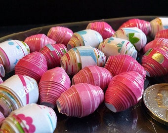 Hand Rolled Chunky Paper Beads. Pink and White mixed lot with Glitter and Foil accents. Barrel/Bicone Style's 12 pcs. + 2 bonus beads e-254